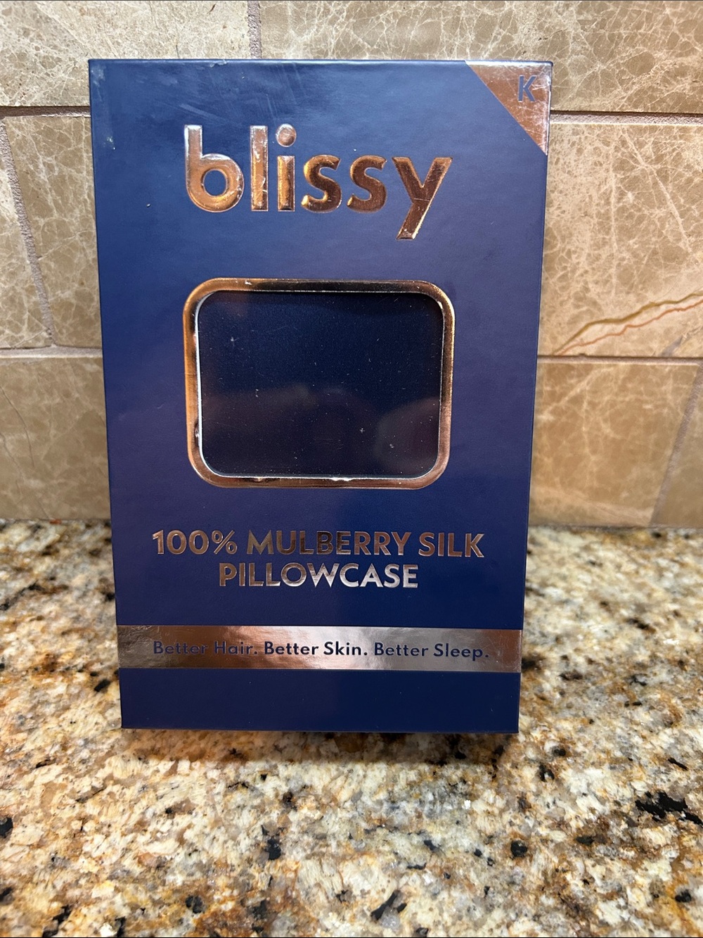 Blissy 100% Mulberry Silk Pillowcase in Navy Blue color, King size. New in box - Picture 2 of 5